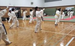 日曜日の稽古で大人と子供が合同で練習しているようす