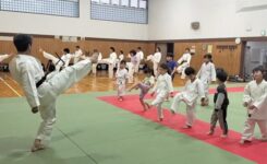 日曜日の大人子供合同稽古で基本動作の練習をしているようす