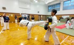 ミットを使って足刀蹴りの練習をしているようす