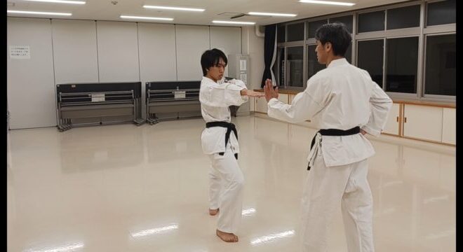 空手の型の練習をする大学生男子初段