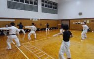 空手の型を練習している大人の練習生たち