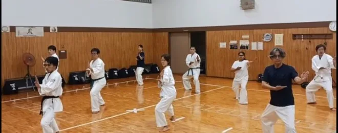 空手の型を緩急つけながら練習する大人の方たち