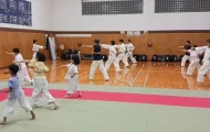 健康にも役立つ空間突きの練習をしているようす