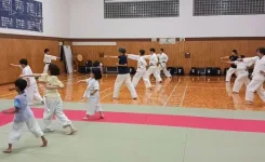 健康にも役立つ空間突きの練習をしているようす