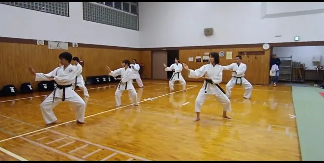 大人たちで息を合わせながら空手の型を練習しているようす