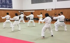 空手の型を稽古する大人たち