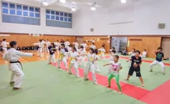 空手の突き動作の稽古をする大人と子供の参加者たち