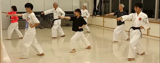 空手の型の稽古をする大人の参加者
