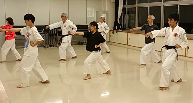 空手の型の稽古をする大人の参加者