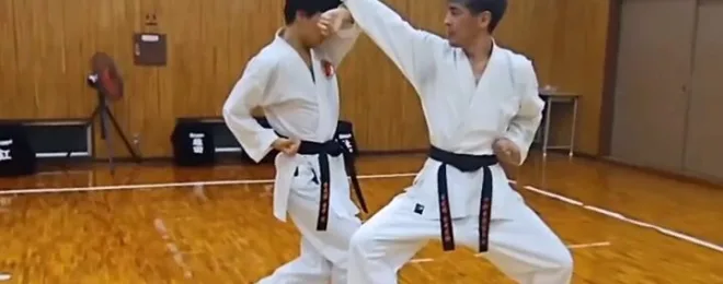 約束組手という稽古をする黒帯男性2人