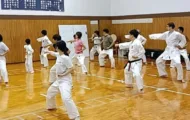 大人グループに数名の子供たちを交えて空手の型を丁寧に稽古する様子|横浜関内の金井空手道場
