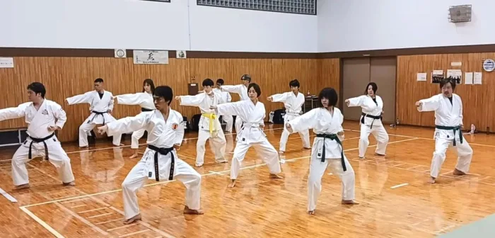 大人・女性や親子など一緒に空手の型稽古をしているようす